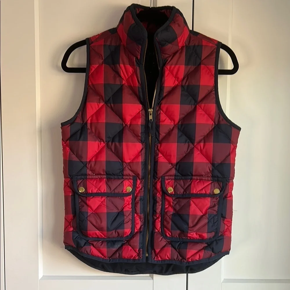 J. Crew Red and Navy Plaid Quilted Vest | XS